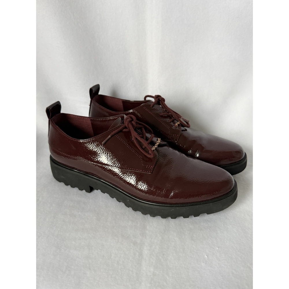 Franco Sarto Carey Burgundy Patent Lace Up Oxford Shoes Womens 10 Gold Chain Lug